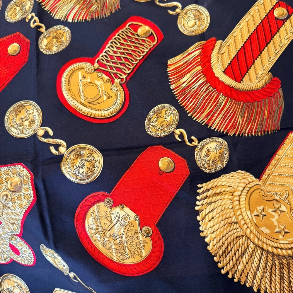 Hermes Epaulettes Silk Scarf in Black with Gold and Red Decorations - Picture 3 of 3